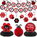Nezyo 28-Piece Ladybug Birthday Party Decoration Kit – Includes Banner, Honeycomb Centerpieces, Swirls, and Hanging Cards