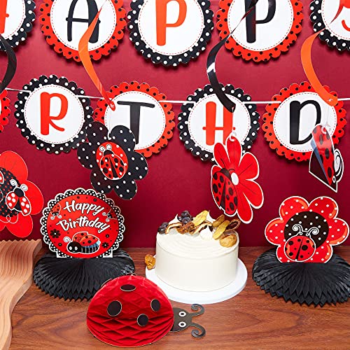 Nezyo 28-Piece Ladybug Birthday Party Decoration Kit – Includes Banner, Honeycomb Centerpieces, Swirls, and Hanging Cards