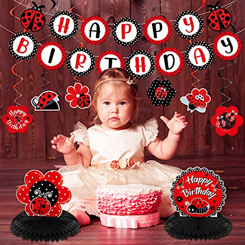 Nezyo 28-Piece Ladybug Birthday Party Decoration Kit – Includes Banner, Honeycomb Centerpieces, Swirls, and Hanging Cards