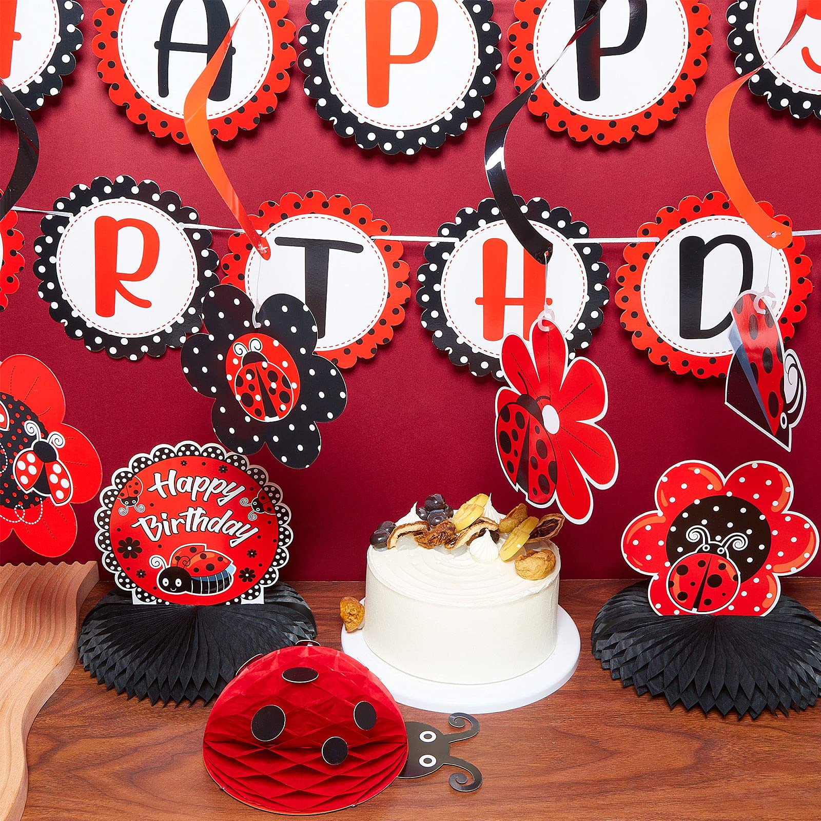 Nezyo 28-Piece Ladybug Birthday Party Decoration Kit – Includes Banner, Honeycomb Centerpieces, Swirls, and Hanging Cards