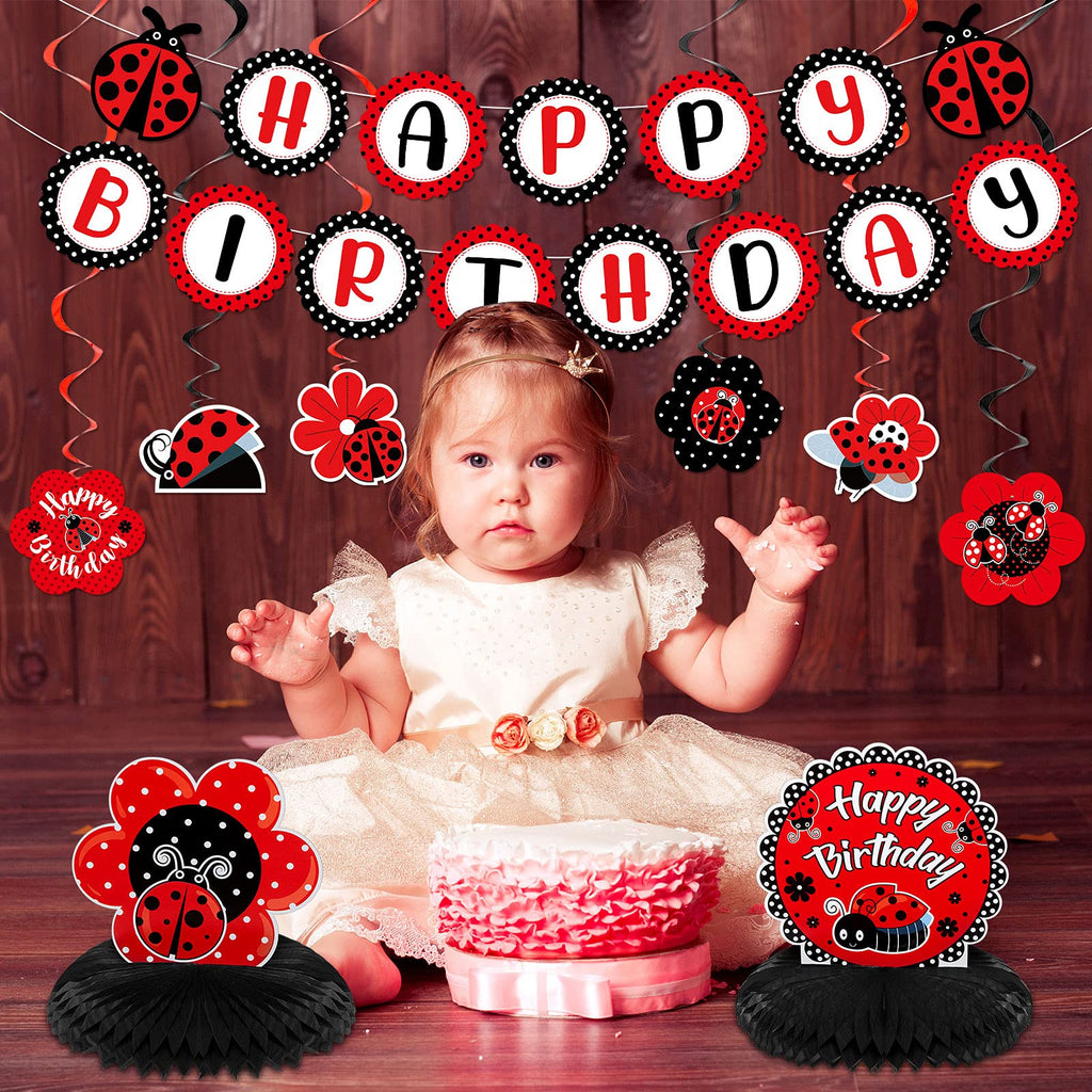 Nezyo 28-Piece Ladybug Birthday Party Decoration Kit – Includes Banner, Honeycomb Centerpieces, Swirls, and Hanging Cards