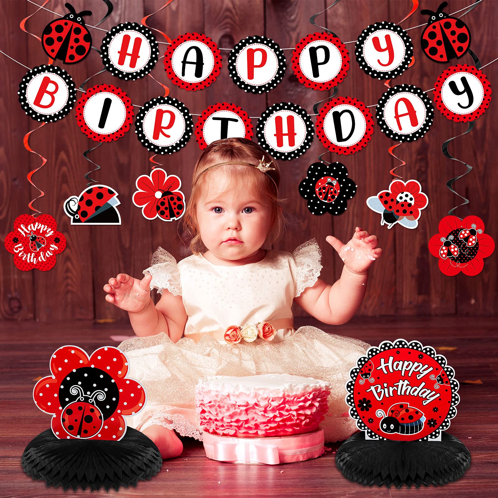 Nezyo 28-Piece Ladybug Birthday Party Decoration Kit – Includes Banner, Honeycomb Centerpieces, Swirls, and Hanging Cards