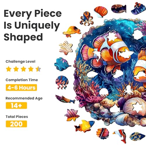 NiArt Ocean World 200-Piece Wooden Jigsaw Puzzle for Adults – Precision Laser-Cut, Hand-Drawn Artwork, 11.1x11.2 Inches