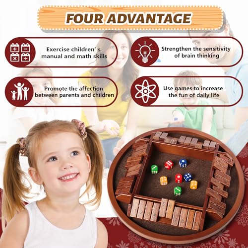 Nicecho Shut the Box Dice Game - 2-4 Player Family Wooden Board Game with 8 Dice, Brown