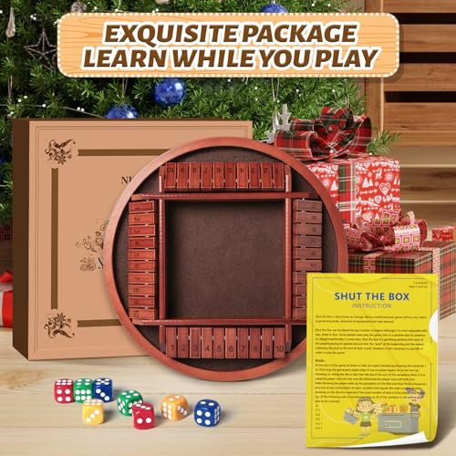 Nicecho Shut the Box Dice Game - 2-4 Player Family Wooden Board Game with 8 Dice, Brown