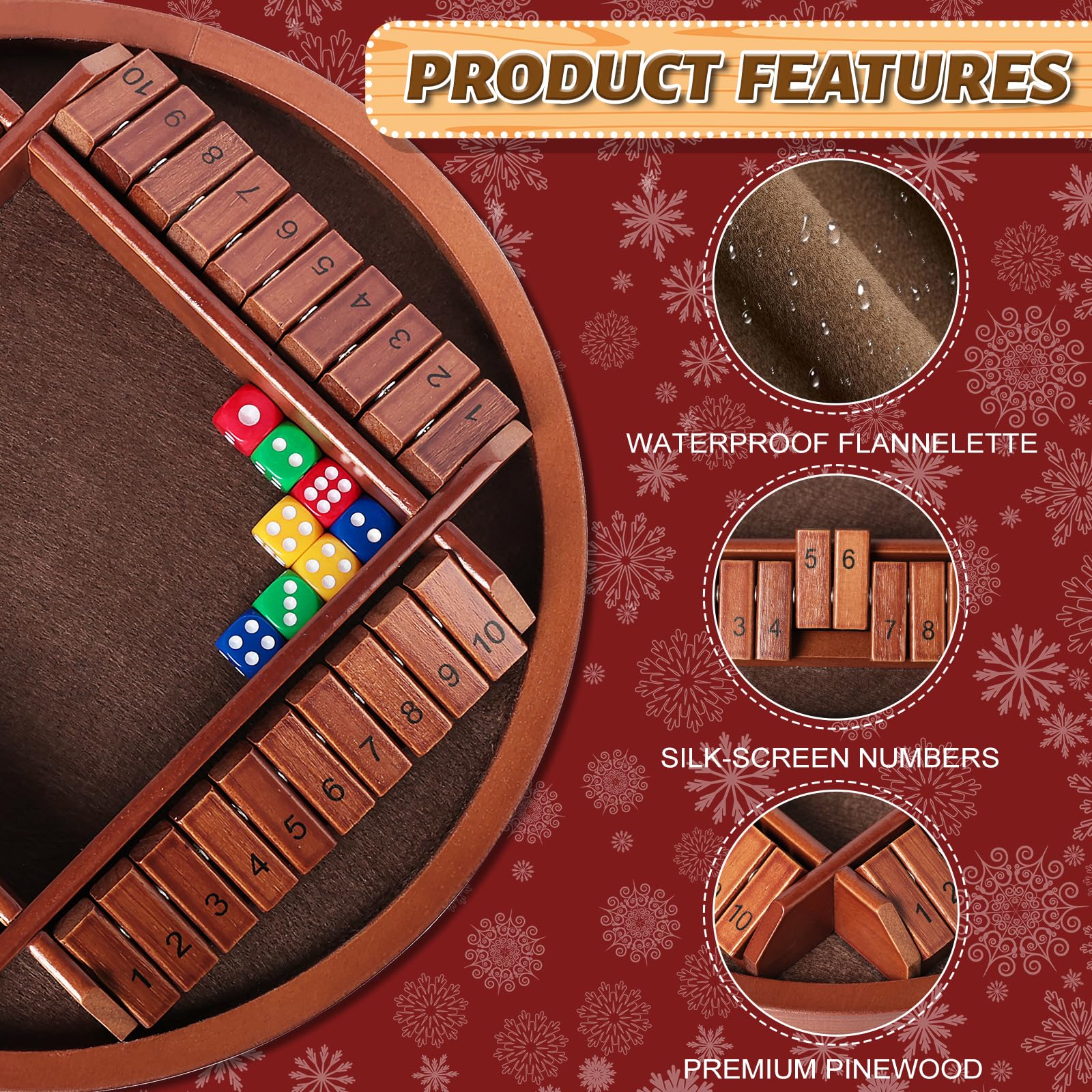 Nicecho Shut the Box Dice Game - 2-4 Player Family Wooden Board Game with 8 Dice, Brown