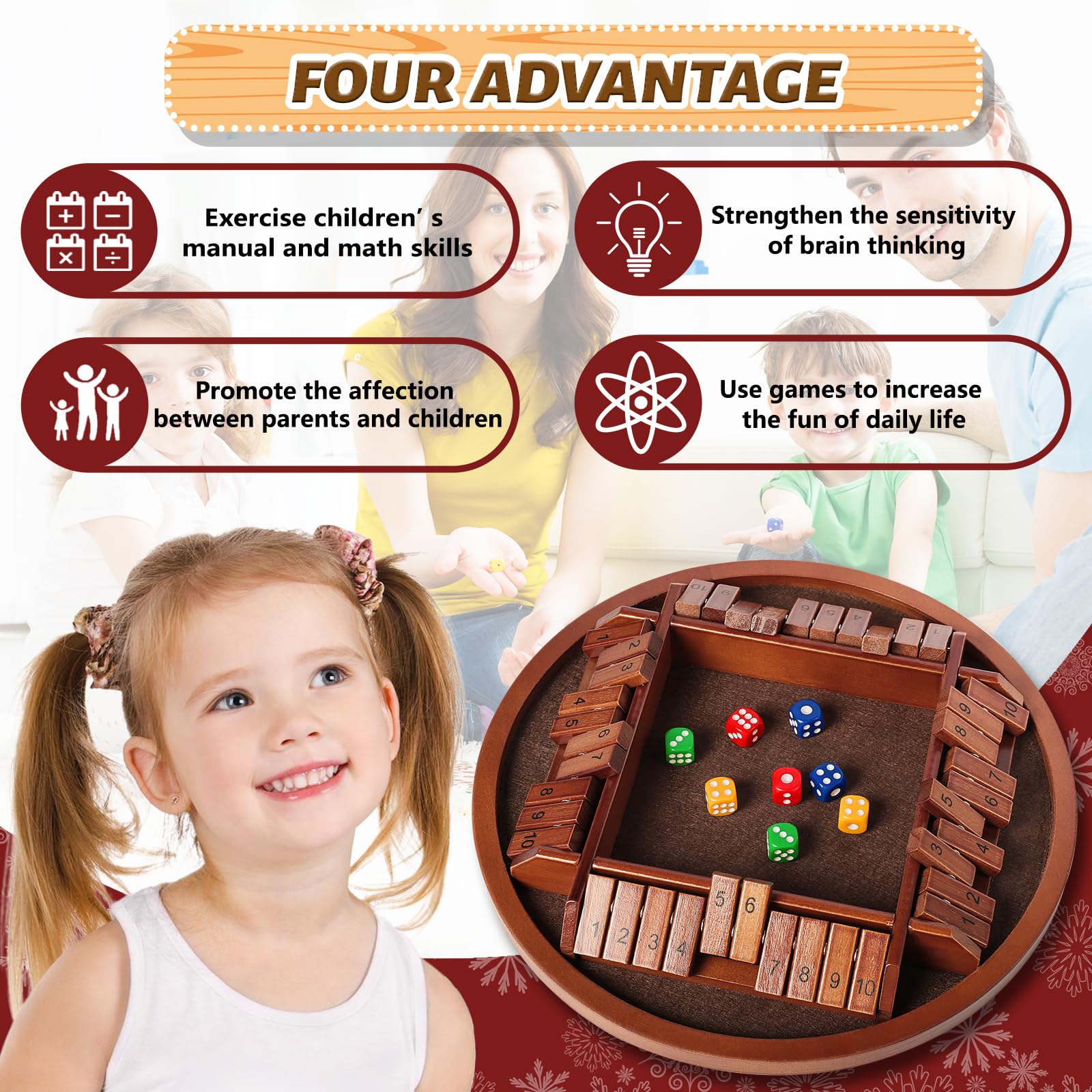 Nicecho Shut the Box Dice Game - 2-4 Player Family Wooden Board Game with 8 Dice, Brown