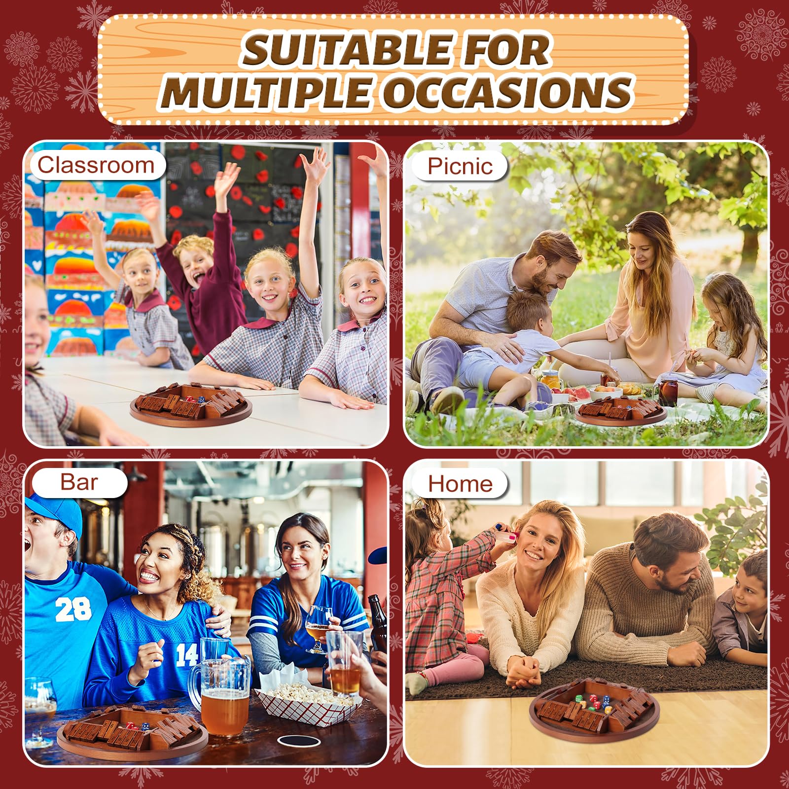 Nicecho Shut the Box Dice Game - 2-4 Player Family Wooden Board Game with 8 Dice, Brown