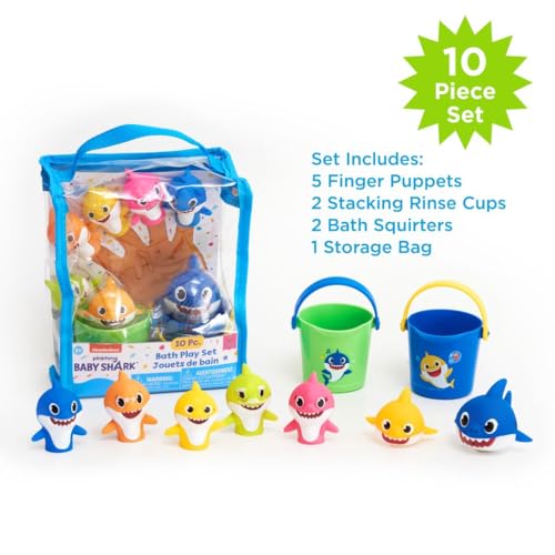 Nickelodeon Pink Fong Baby Shark Bath Toys Set - 10 Pieces with Finger Puppets, Cups & Squirters