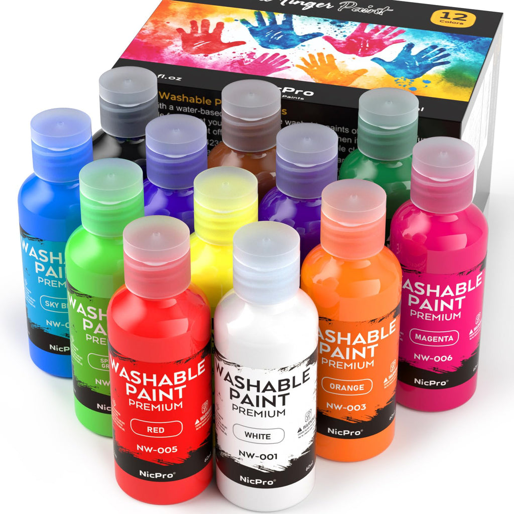 Nicpro 12-Color Washable Finger Paint for Toddlers – Non-Toxic, Easy Clean, 2 oz Bottles