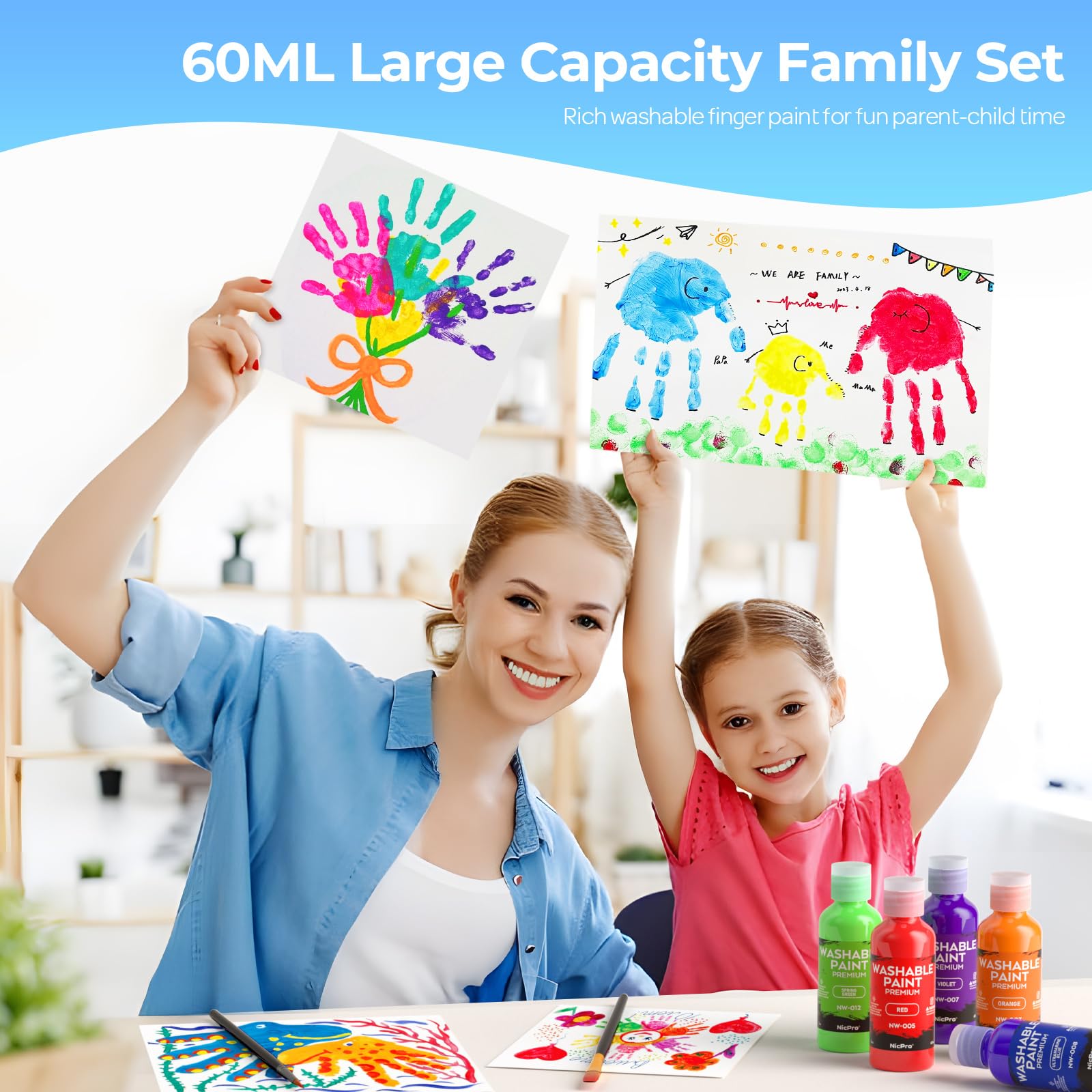 Nicpro 12-Color Washable Finger Paint for Toddlers – Non-Toxic, Easy Clean, 2 oz Bottles