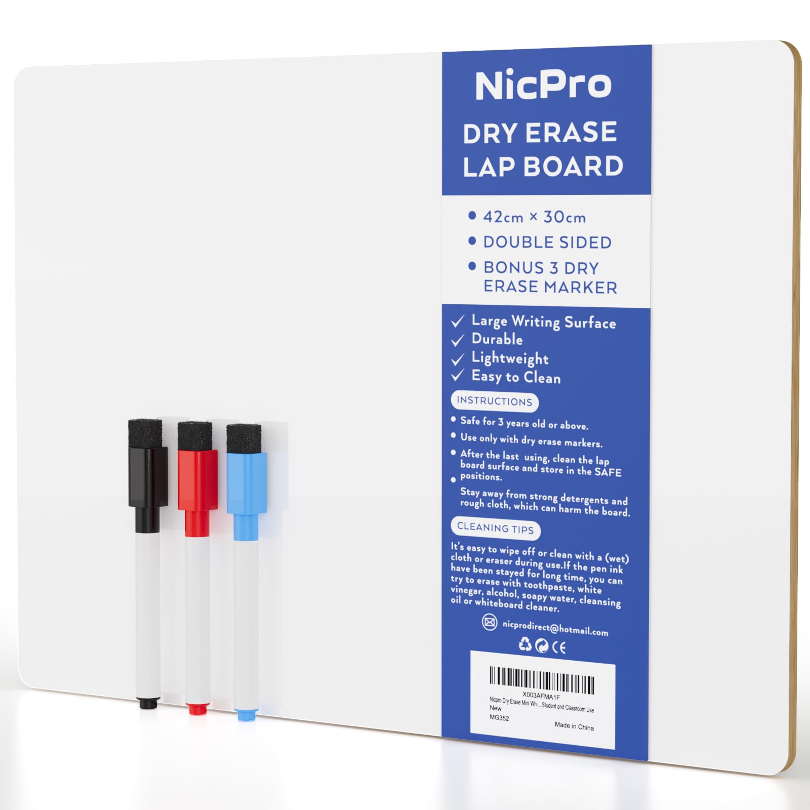 Nicpro 12x16 Inch Small Dry Erase Lap Board – Double-Sided Mini Whiteboard with 3 Water-Based Pens for Kids and Classroom