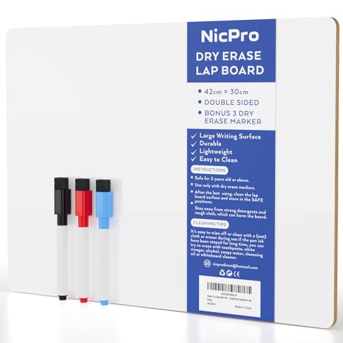 Nicpro 12x16 Inch Small Dry Erase Lap Board – Double-Sided Mini Whiteboard with 3 Water-Based Pens for Kids and Classroom