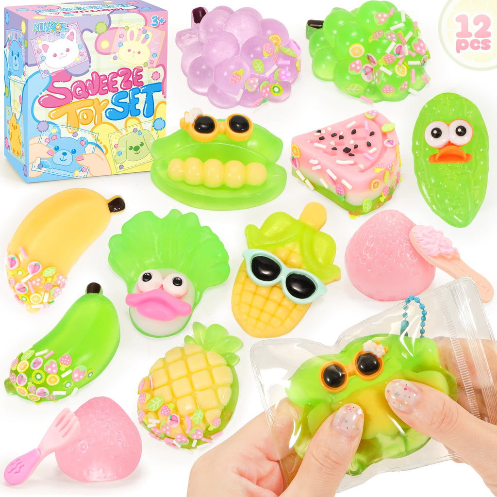 NINAOR 12-Pack Squishy Fruit & Veggie Fidget Toys - Stress Relief Sensory Toy for Kids, Party Favors, Easter Egg Fillers, Classroom Prizes