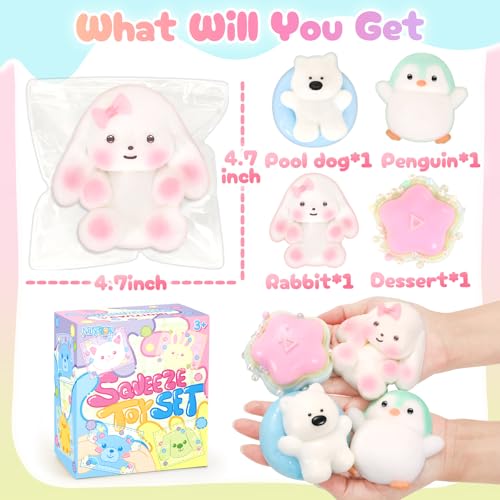 NINAOR Squishy Fidget Toys 4-Pack: Cute Penguin, Rabbit, Pool Dog & Dessert Sensory Toys for Stress Relief, Classroom Prizes, Easter Basket Stuffers, and Birthday Party Favors