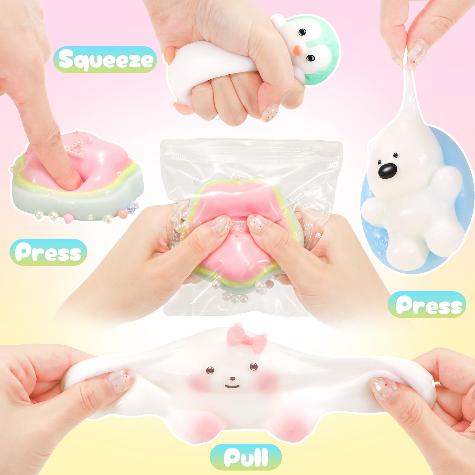 NINAOR Squishy Fidget Toys 4-Pack: Cute Penguin, Rabbit, Pool Dog & Dessert Sensory Toys for Stress Relief, Classroom Prizes, Easter Basket Stuffers, and Birthday Party Favors