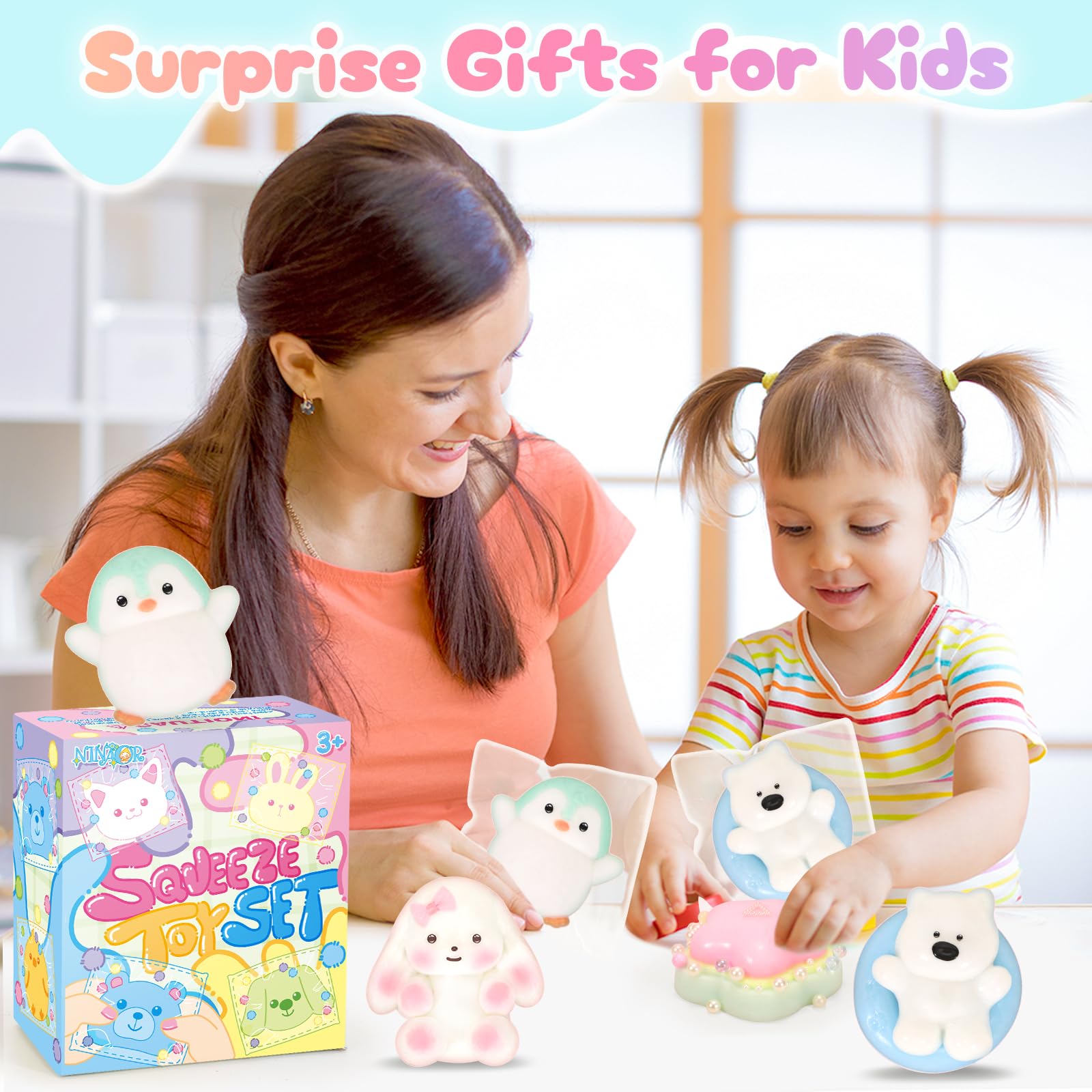 NINAOR Squishy Fidget Toys 4-Pack: Cute Penguin, Rabbit, Pool Dog & Dessert Sensory Toys for Stress Relief, Classroom Prizes, Easter Basket Stuffers, and Birthday Party Favors