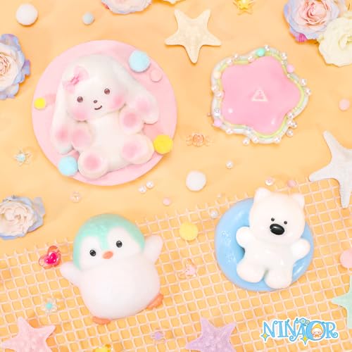 NINAOR Squishy Fidget Toys 4-Pack: Cute Penguin, Rabbit, Pool Dog & Dessert Sensory Toys for Stress Relief, Classroom Prizes, Easter Basket Stuffers, and Birthday Party Favors