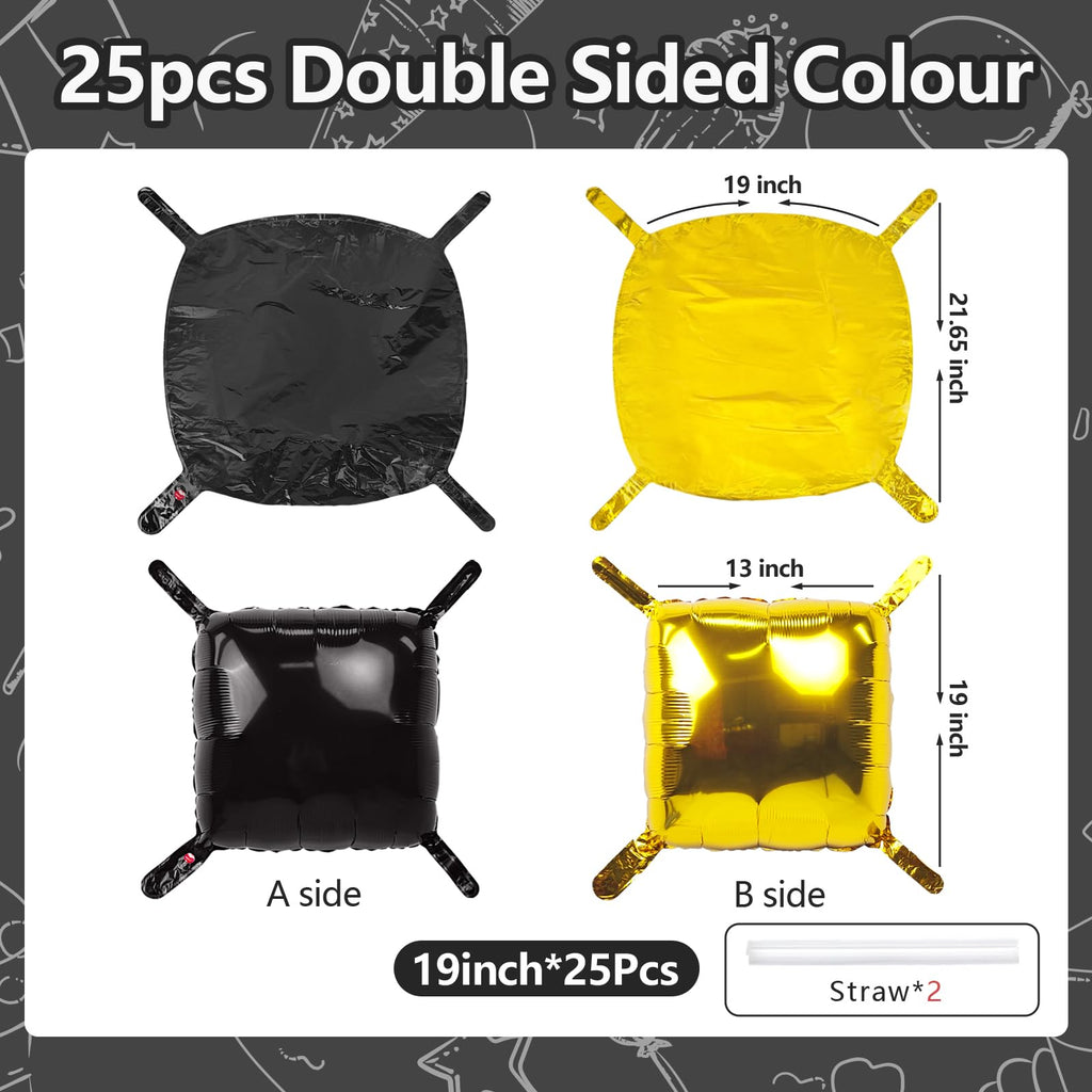 NISOCY 25 Black Gold Square Foil Balloons - Double Sided Metallic Arch Kit for New Year Graduation Anniversary Birthday Party Decor
