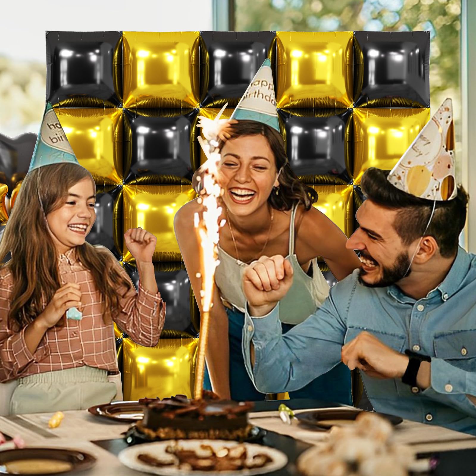 NISOCY 25 Black Gold Square Foil Balloons - Double Sided Metallic Arch Kit for New Year Graduation Anniversary Birthday Party Decor