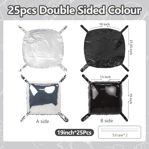 NISOCY 25 Pack Double Sided Black Silver Square Foil Balloons - Balloon Arch Kit for New Year, Birthday, Wedding, Graduation, Anniversary Party Decorations