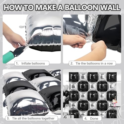 NISOCY 25 Pack Double Sided Black Silver Square Foil Balloons - Balloon Arch Kit for New Year, Birthday, Wedding, Graduation, Anniversary Party Decorations