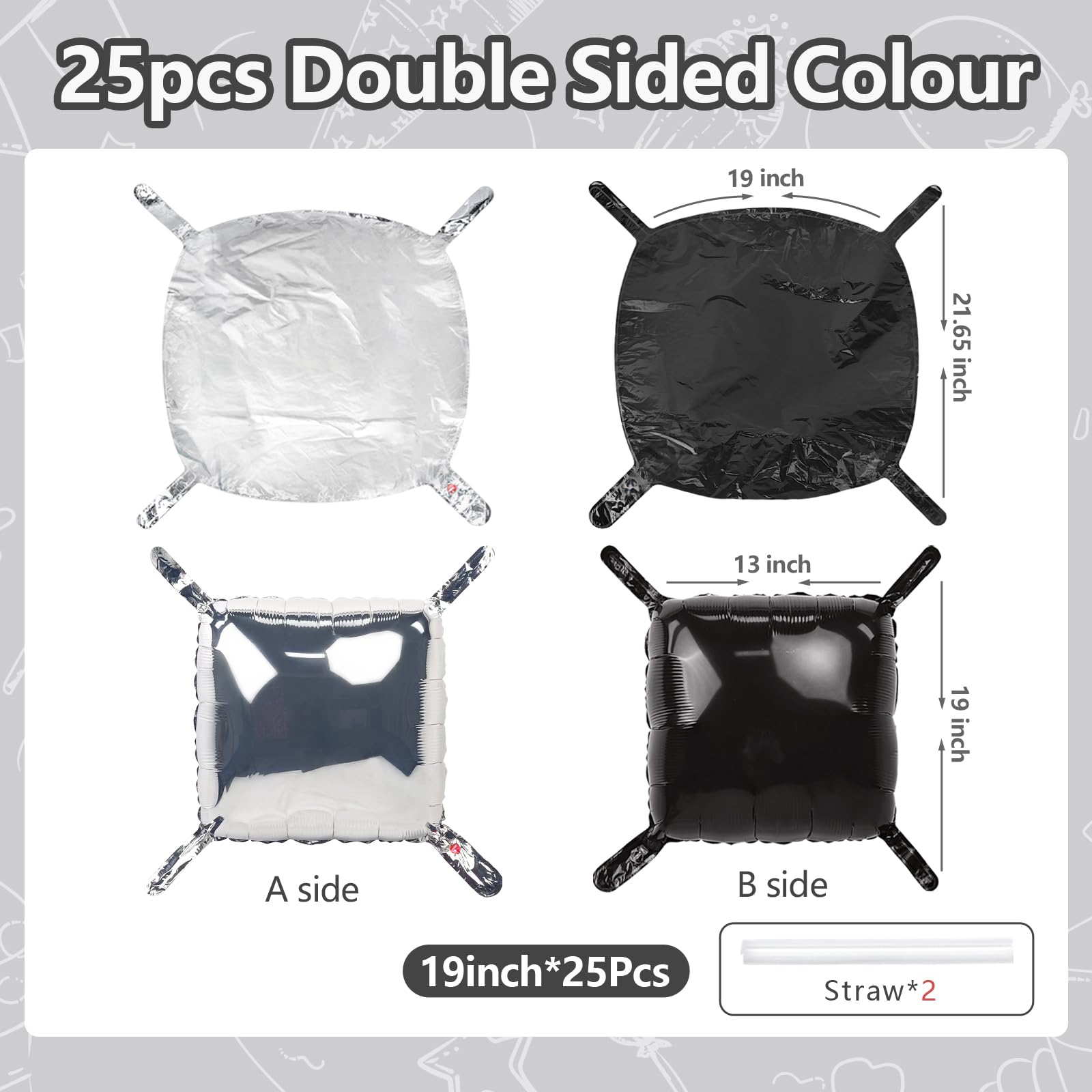 NISOCY 25 Pack Double Sided Black Silver Square Foil Balloons - Balloon Arch Kit for New Year, Birthday, Wedding, Graduation, Anniversary Party Decorations