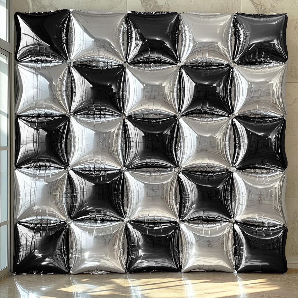 NISOCY 25 Pack Double Sided Black Silver Square Foil Balloons - Balloon Arch Kit for New Year, Birthday, Wedding, Graduation, Anniversary Party Decorations