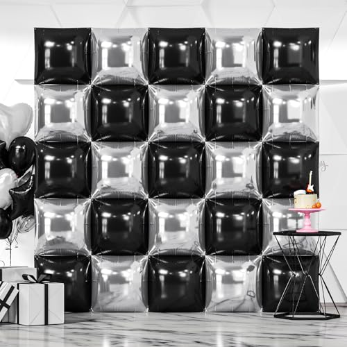 NISOCY 25 Pack Double Sided Black Silver Square Foil Balloons - Balloon Arch Kit for New Year, Birthday, Wedding, Graduation, Anniversary Party Decorations