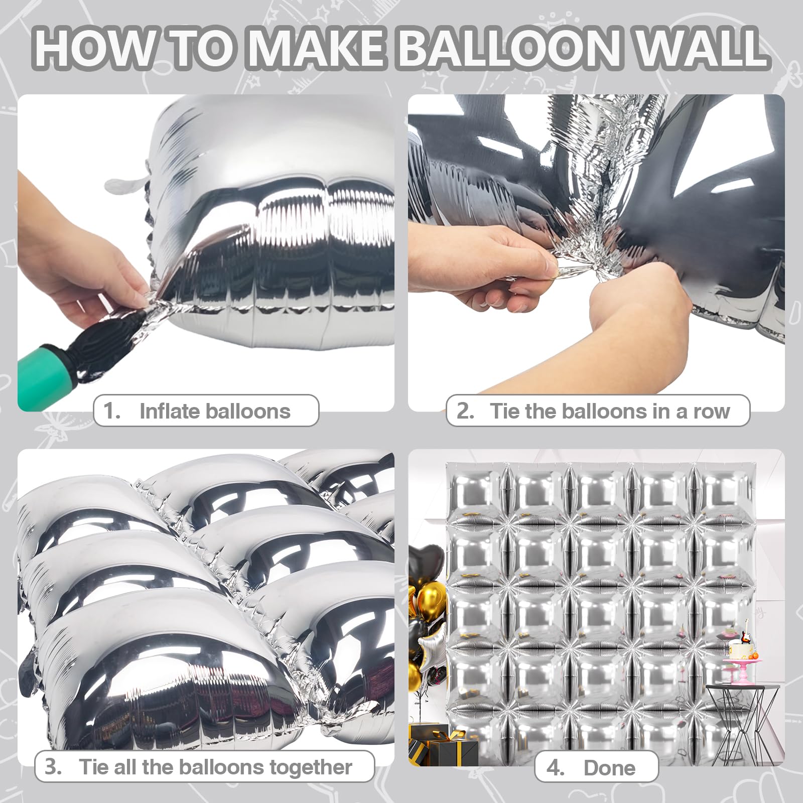 NISOCY 25-Pack Metallic Silver Square Foil Balloons for Party Backdrop Arch Tunnel Decor