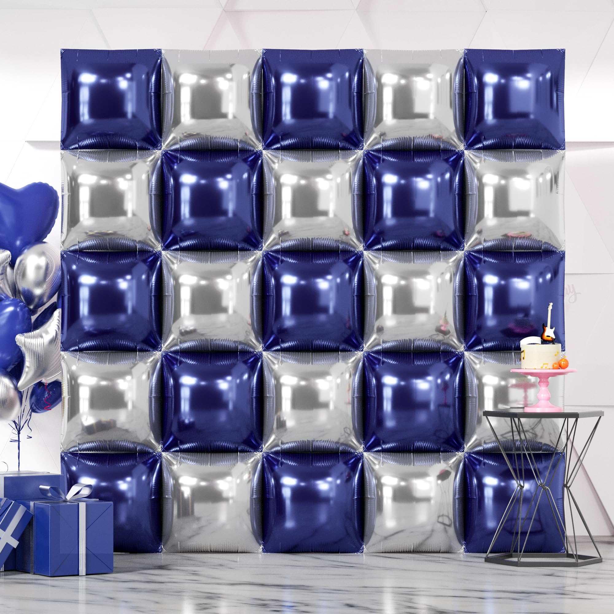 NISOCY 25-Pack Navy Blue & Silver Square Foil Balloons for Party Decorations