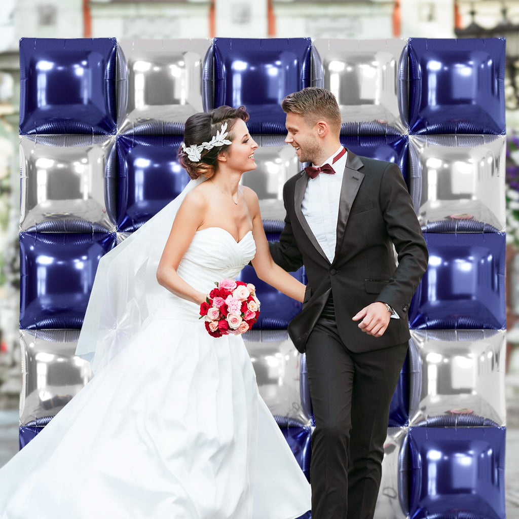 NISOCY 25-Pack Navy Blue & Silver Square Foil Balloons for Party Decorations