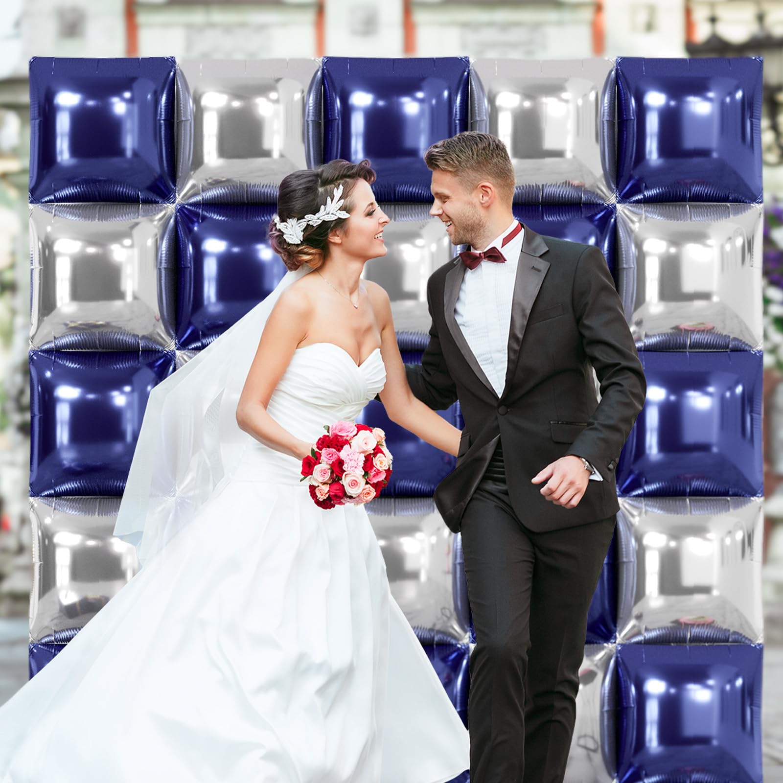 NISOCY 25-Pack Navy Blue & Silver Square Foil Balloons for Party Decorations