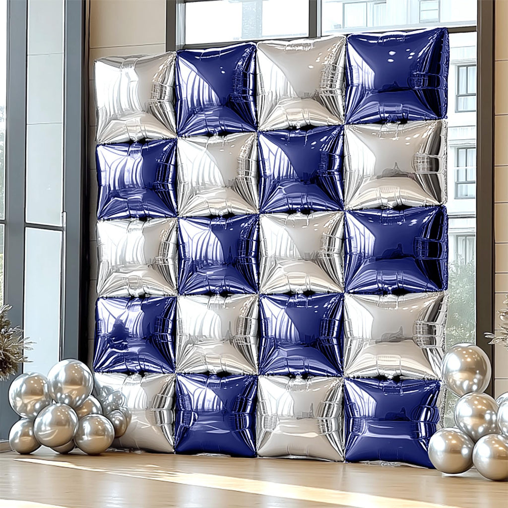 NISOCY 25-Pack Navy Blue & Silver Square Foil Balloons for Party Decorations