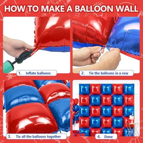NISOCY 25 Red and Deep Blue Square Foil Balloons, 19x19 inches, Double-Sided Party Decor Kit