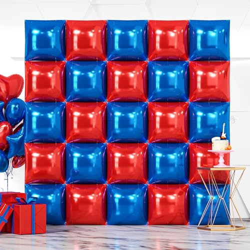 NISOCY 25 Red and Deep Blue Square Foil Balloons, 19x19 inches, Double-Sided Party Decor Kit
