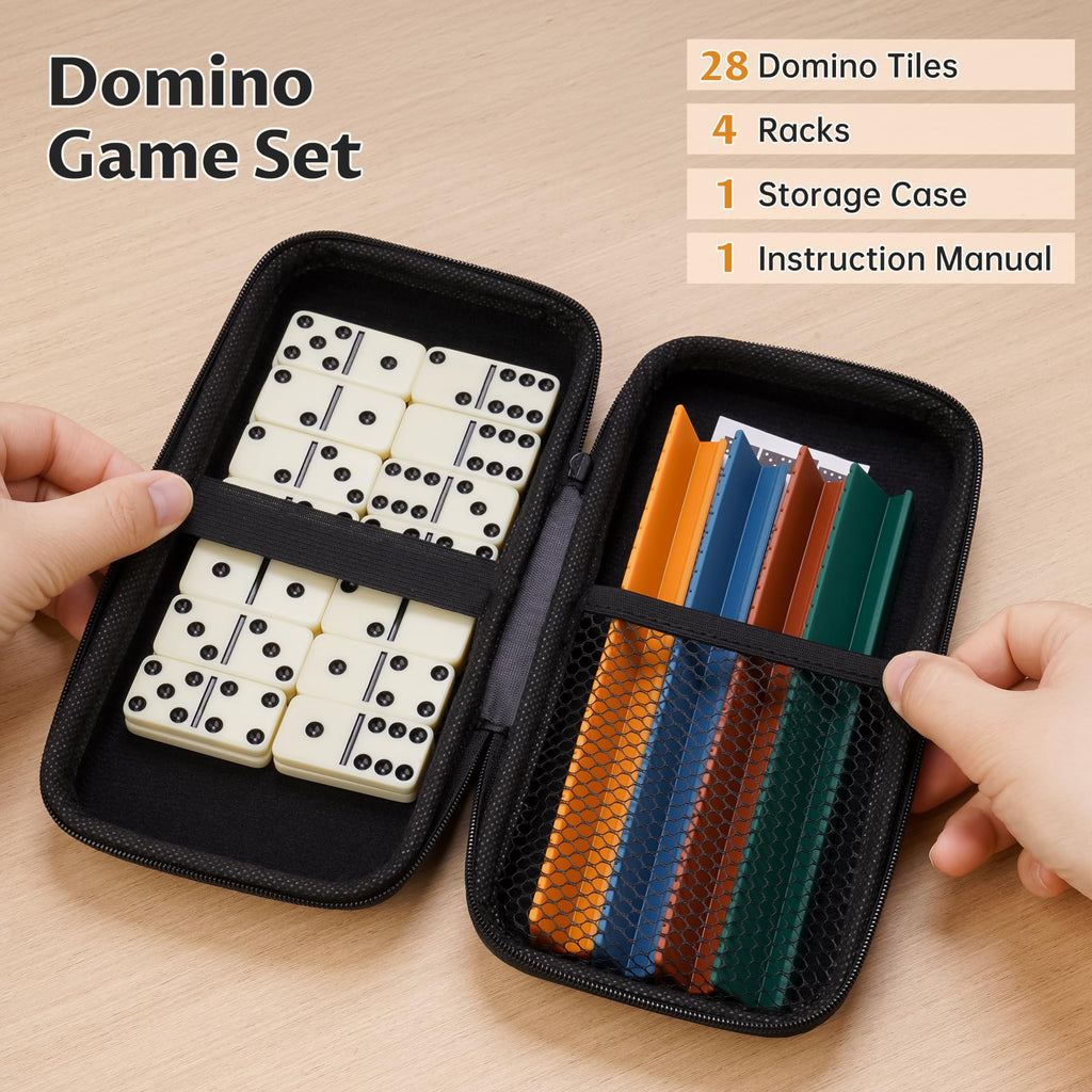 NiToy Double 6 Dominoes Set with 28 Tiles and Silicone Racks - Portable Travel Case