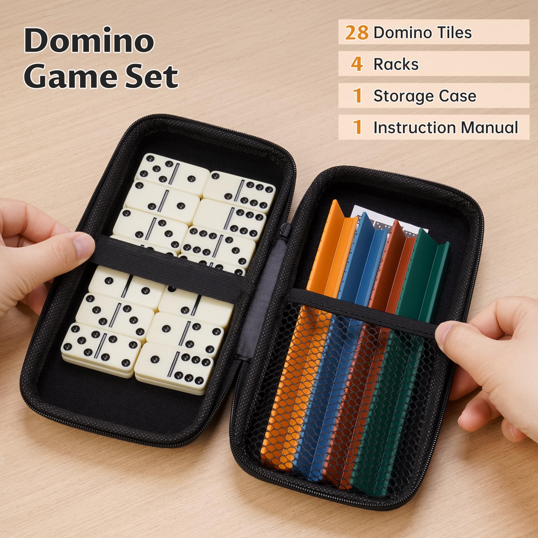 NiToy Double 6 Dominoes Set with 28 Tiles and Silicone Racks - Portable Travel Case