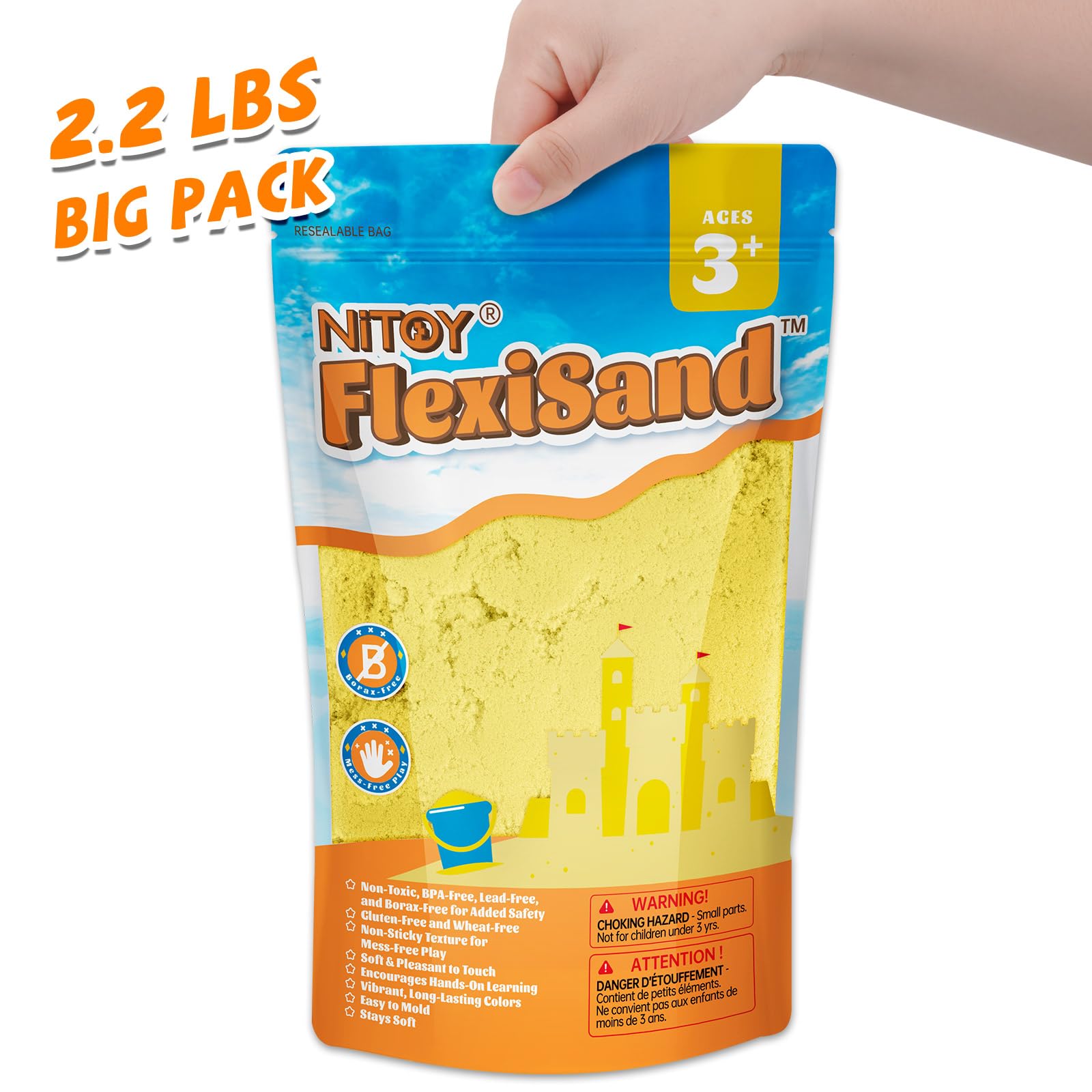 NiToy FlexiSand 2.2 lbs Yellow Play Sand – Non-Toxic, Never Dries Out, Molding & Sensory Fun for Kids Ages 3+