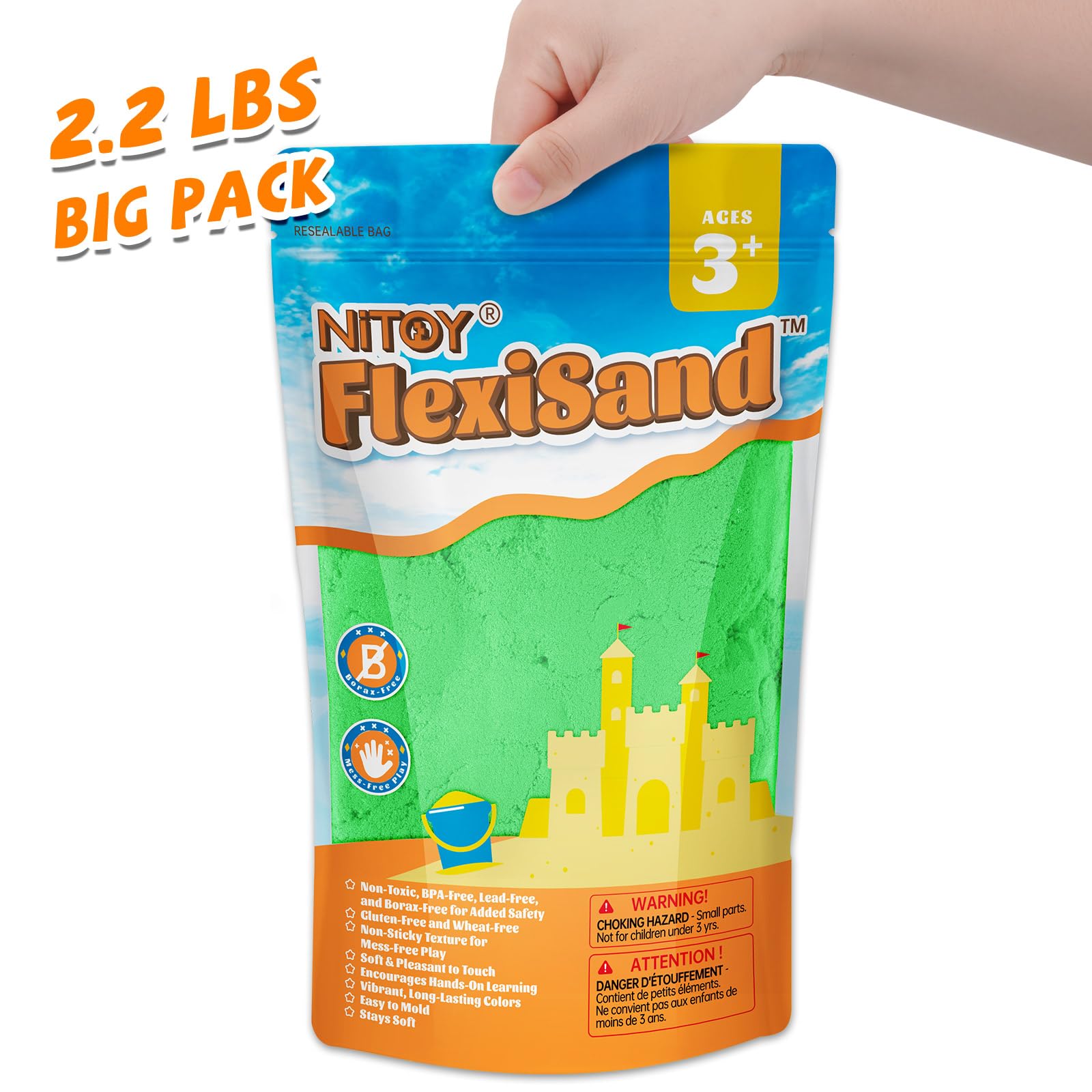 NiToy FlexiSand 2.2Lbs Green Play Sand – Non-Toxic Sensory Sand for Kids Ages 3+