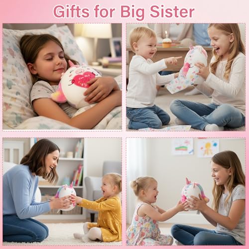 NIUBEHOHO 10 Inch Pink Unicorn Plush – Big Sister Gift with Rainbow Glitter Horn and “I'm the BIG Sister” Embroidery