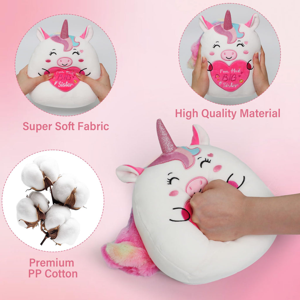 NIUBEHOHO 10 Inch Pink Unicorn Plush – Big Sister Gift with Rainbow Glitter Horn and “I'm the BIG Sister” Embroidery
