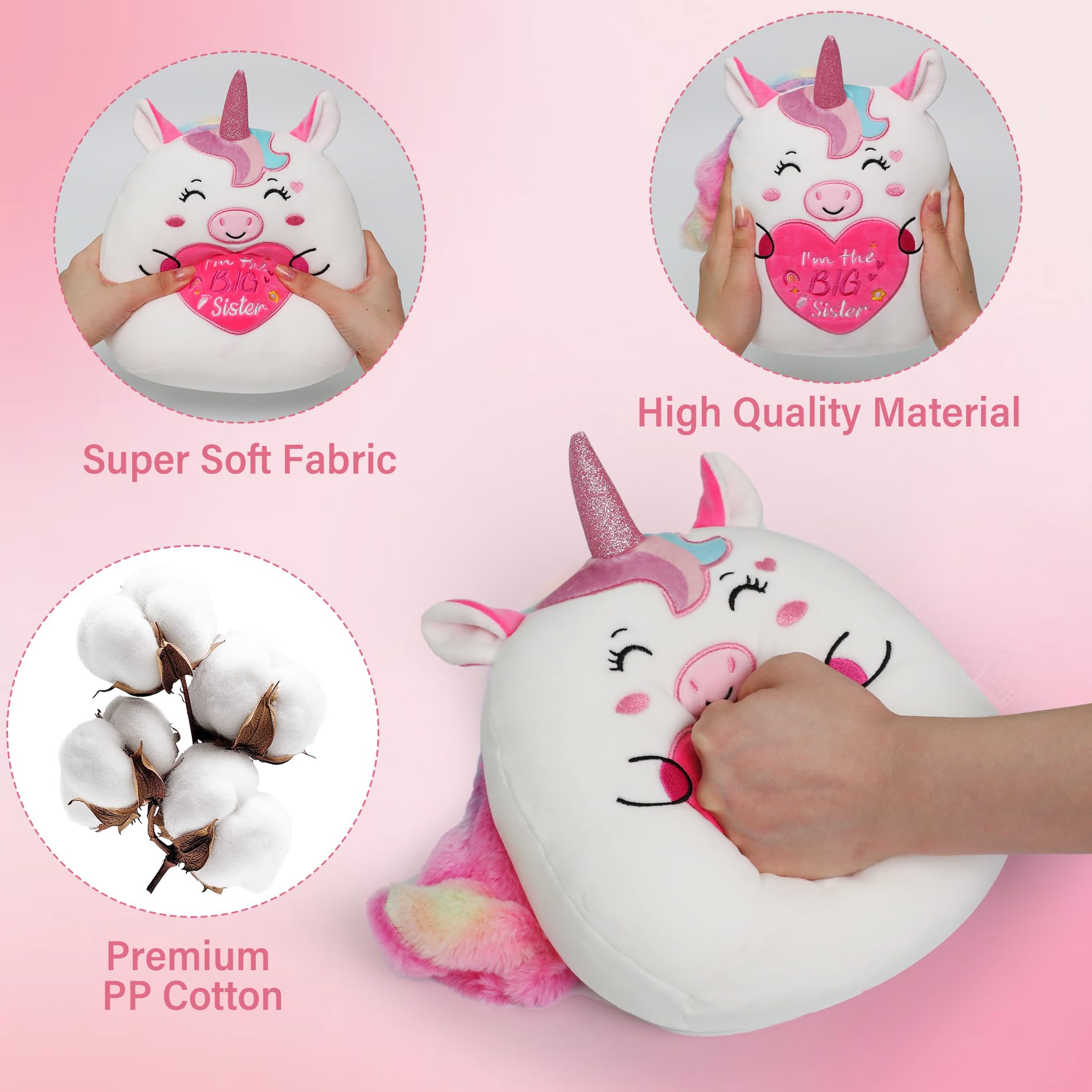 NIUBEHOHO 10 Inch Pink Unicorn Plush – Big Sister Gift with Rainbow Glitter Horn and “I'm the BIG Sister” Embroidery