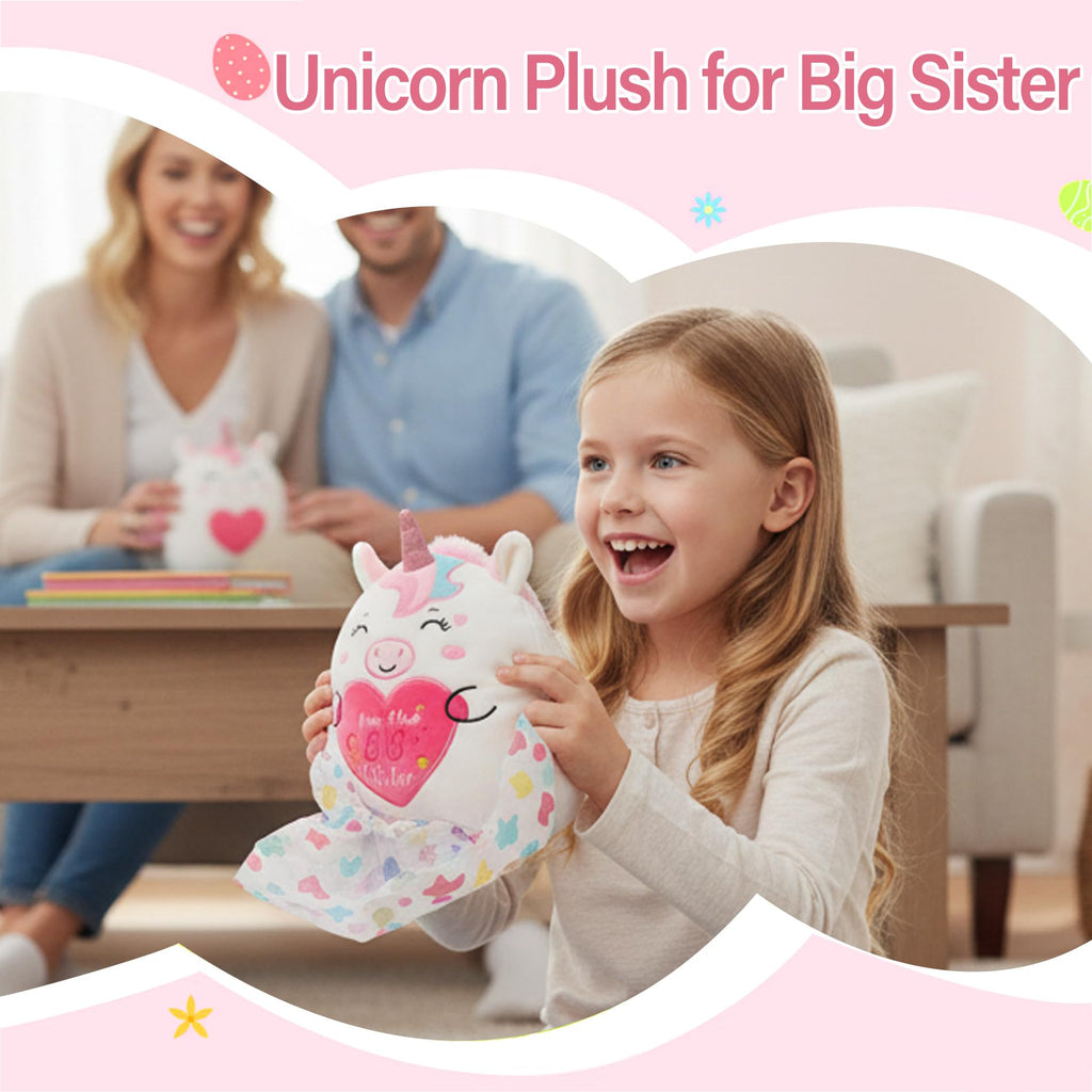 NIUBEHOHO 10 Inch Pink Unicorn Plush – Big Sister Gift with Rainbow Glitter Horn and “I'm the BIG Sister” Embroidery