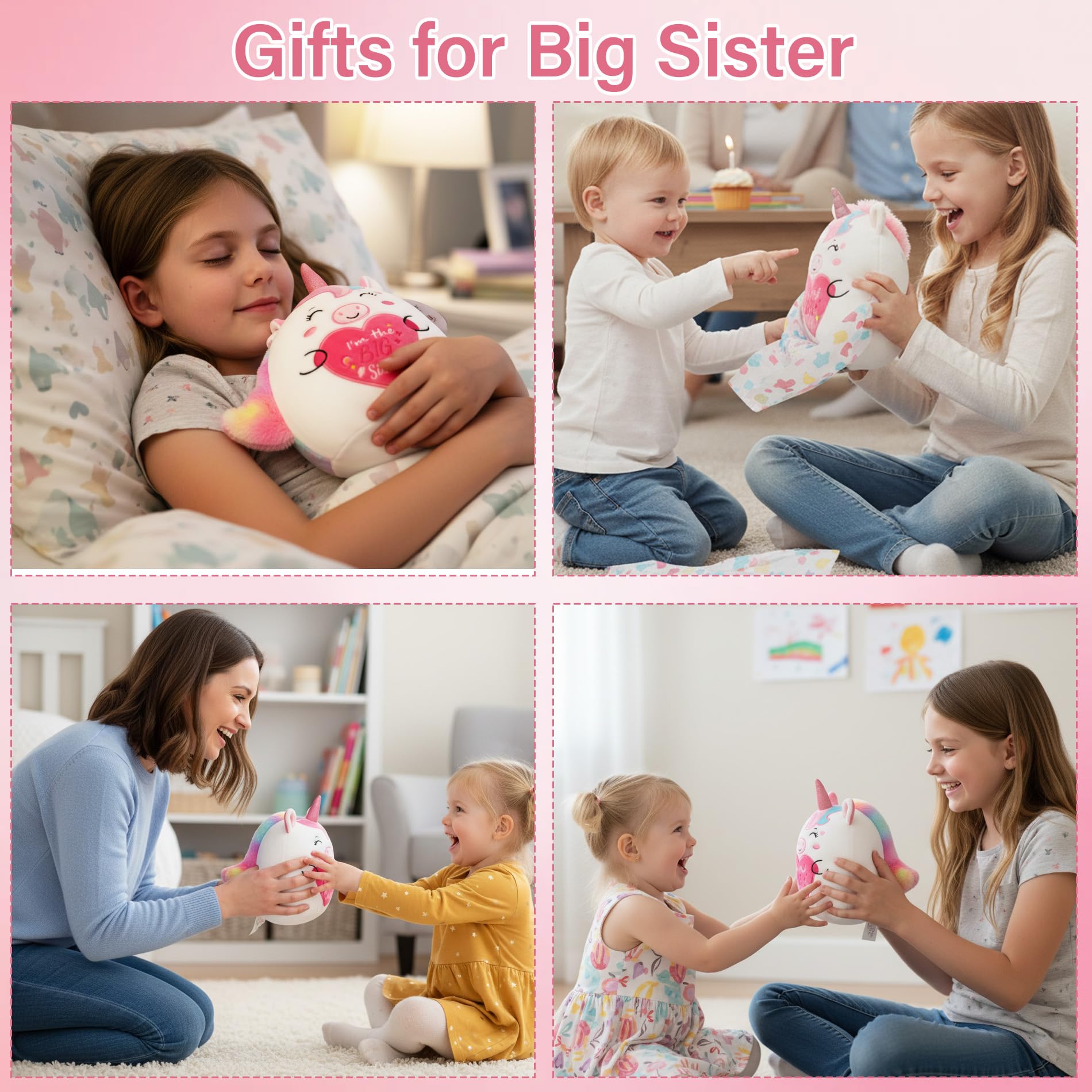NIUBEHOHO 10 Inch Pink Unicorn Plush – Big Sister Gift with Rainbow Glitter Horn and “I'm the BIG Sister” Embroidery