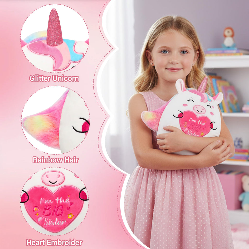 NIUBEHOHO 10 Inch Pink Unicorn Plush – Big Sister Gift with Rainbow Glitter Horn and “I'm the BIG Sister” Embroidery