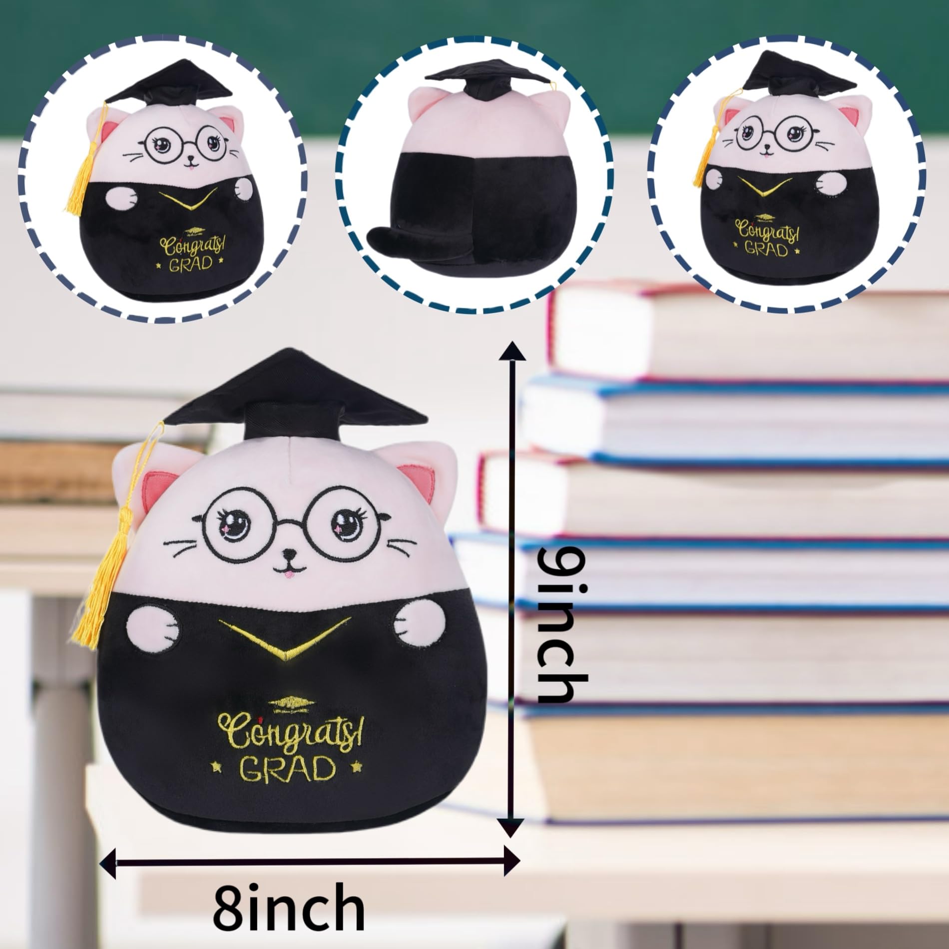 NIUBEHOHO Pink Graduation Cat Plush - 8-Inch Stuffed Animal with Cap, Gown & 'Congrats GRAD' Embroidery