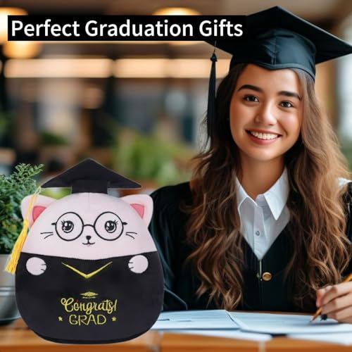 NIUBEHOHO Pink Graduation Cat Plush - 8-Inch Stuffed Animal with Cap, Gown & 'Congrats GRAD' Embroidery