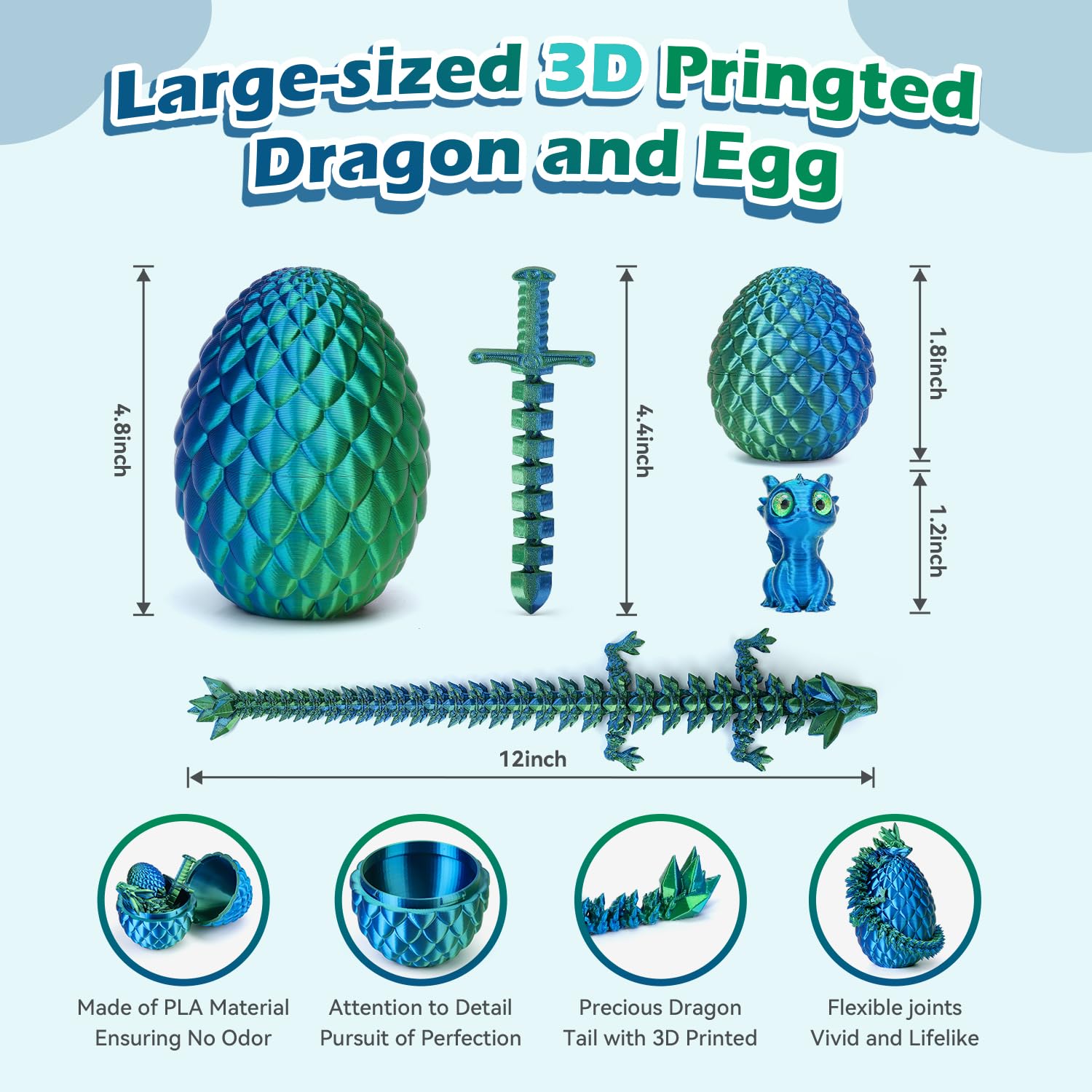 NIUCOO 12-Inch 3D Printed Dragon Egg with Articulated Dragon by Cinderwing3D