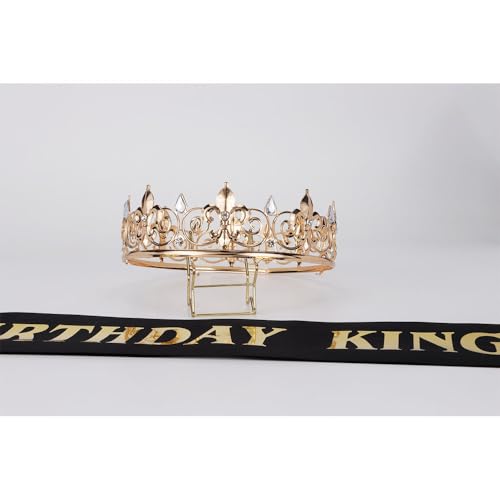 Noonhorse Birthday King Crown & Tiara Set with Sash – Gold with Black Rhinestones, Adjustable, 2 Pack